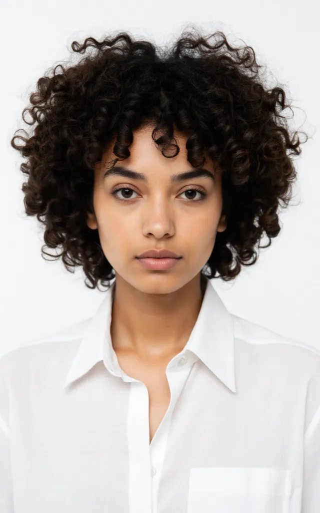 A French female model with a Curly perm, wearing a shirt, against a white background, in a front   facing bust portrait